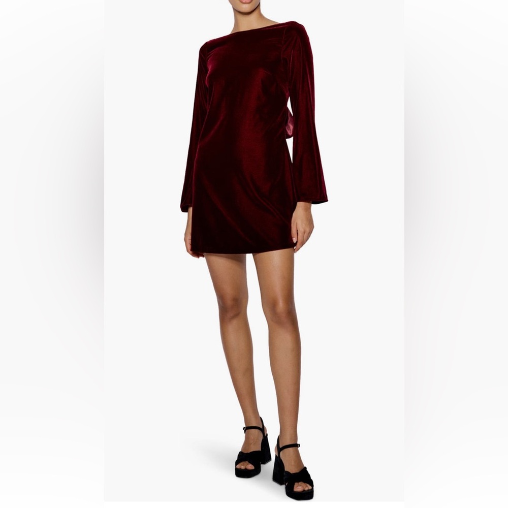 Nobody’s Child Joelle Bow Back Long Sleeve Velvet Minidress, Burgundy, Size 4